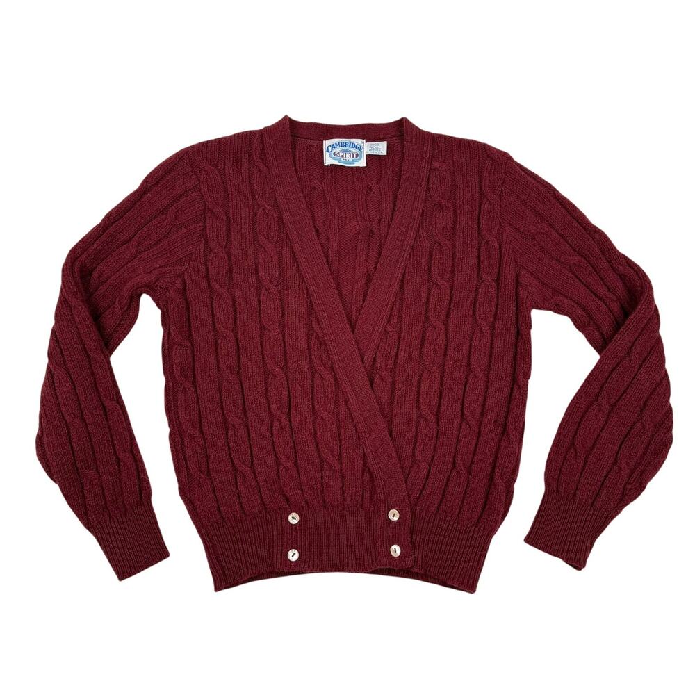 Vintage Cambridge Spirit Wool Surplice Cardigan Cable Knit Burgundy USA Loomed